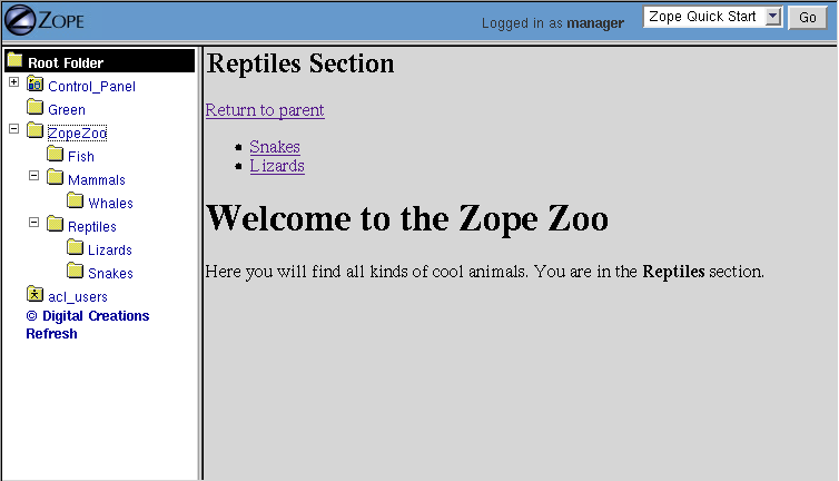 Zoo page with section information.
